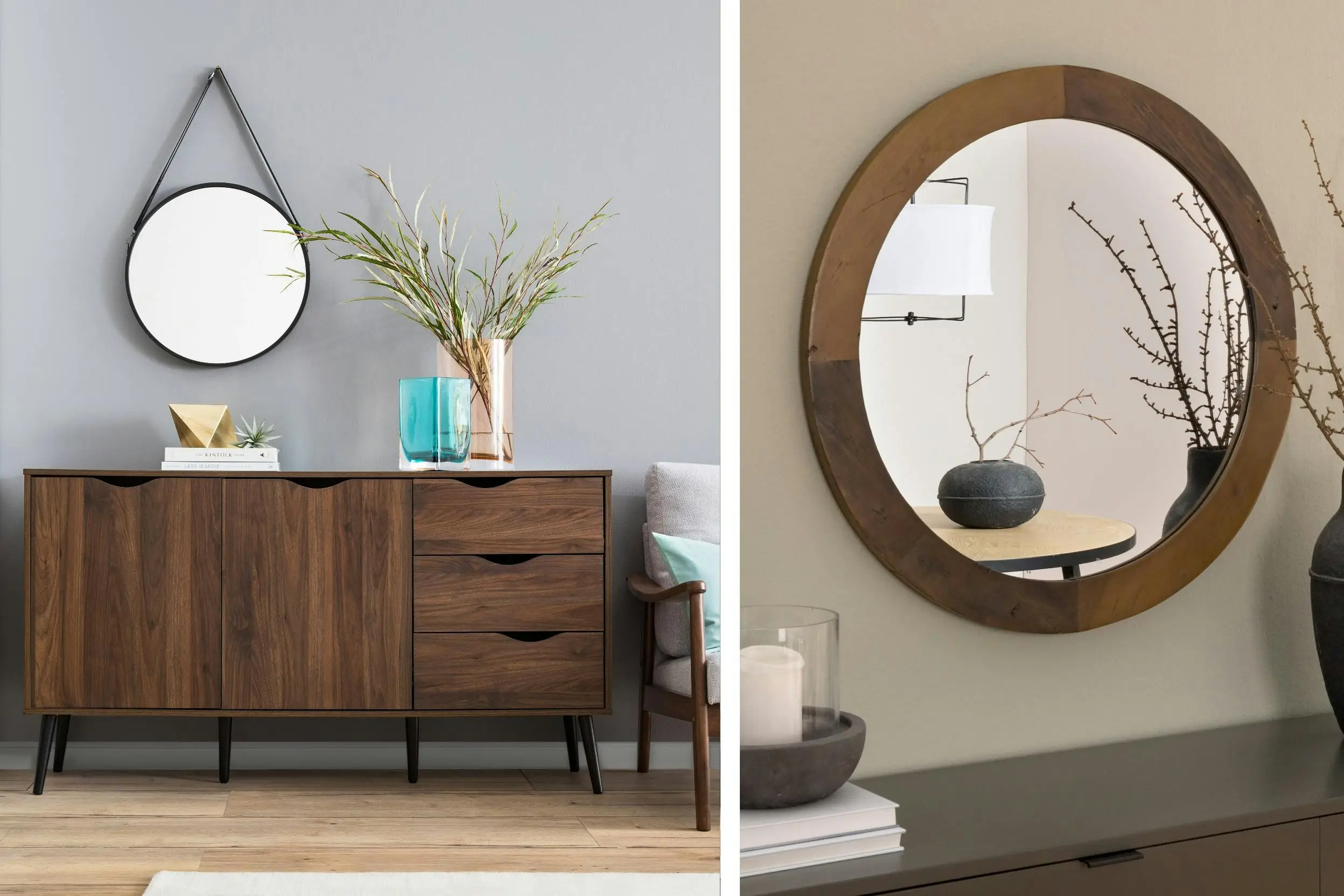 Living room with round mirrors